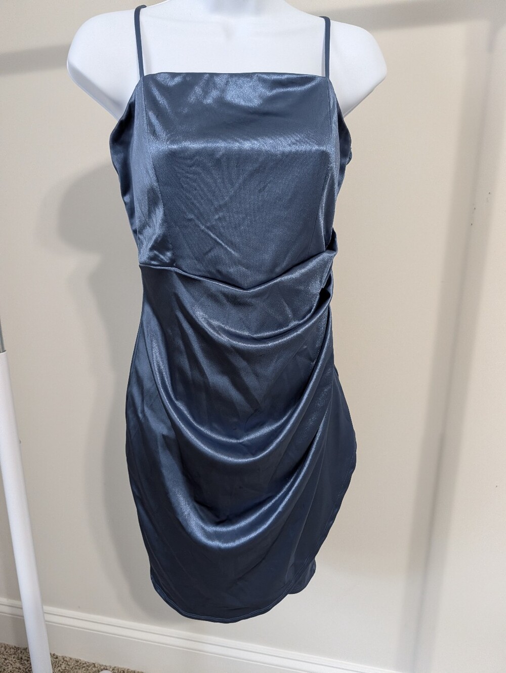 Emerald Sundae Slate Blue Satin Cowl Mini with Spaghetti Straps